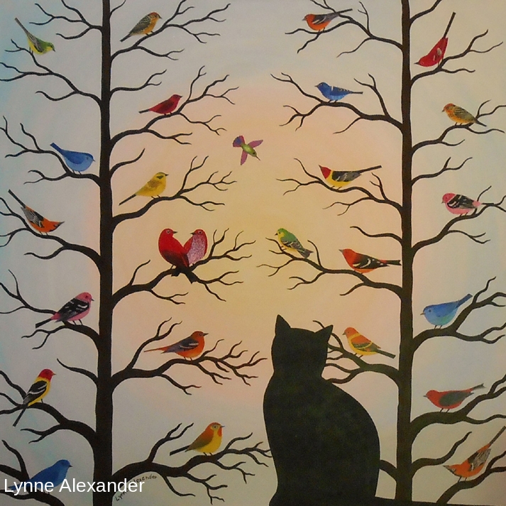 Birds in Branches with Cat
